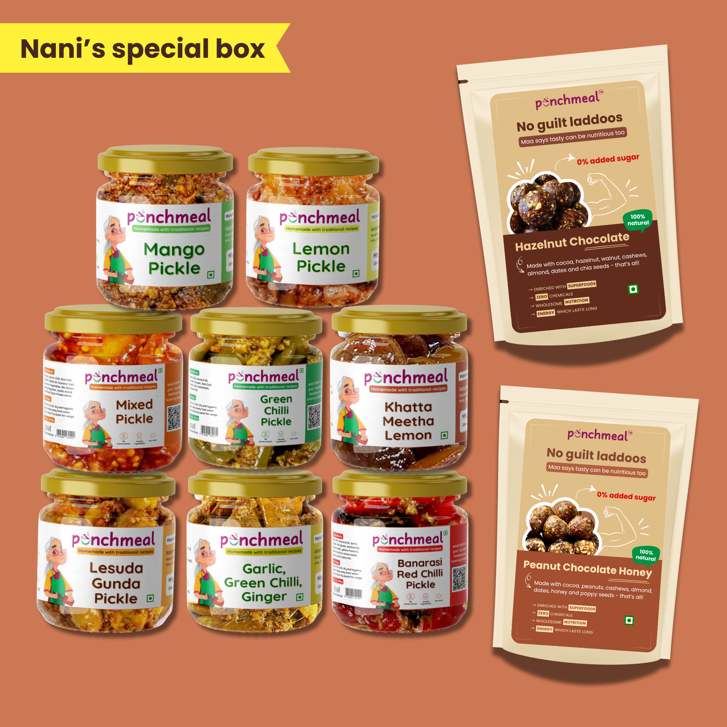 Nani's Special Combo | 8 Pickles + FREE Date Dryfruit Laddoos | 100% Natural | No Sugar