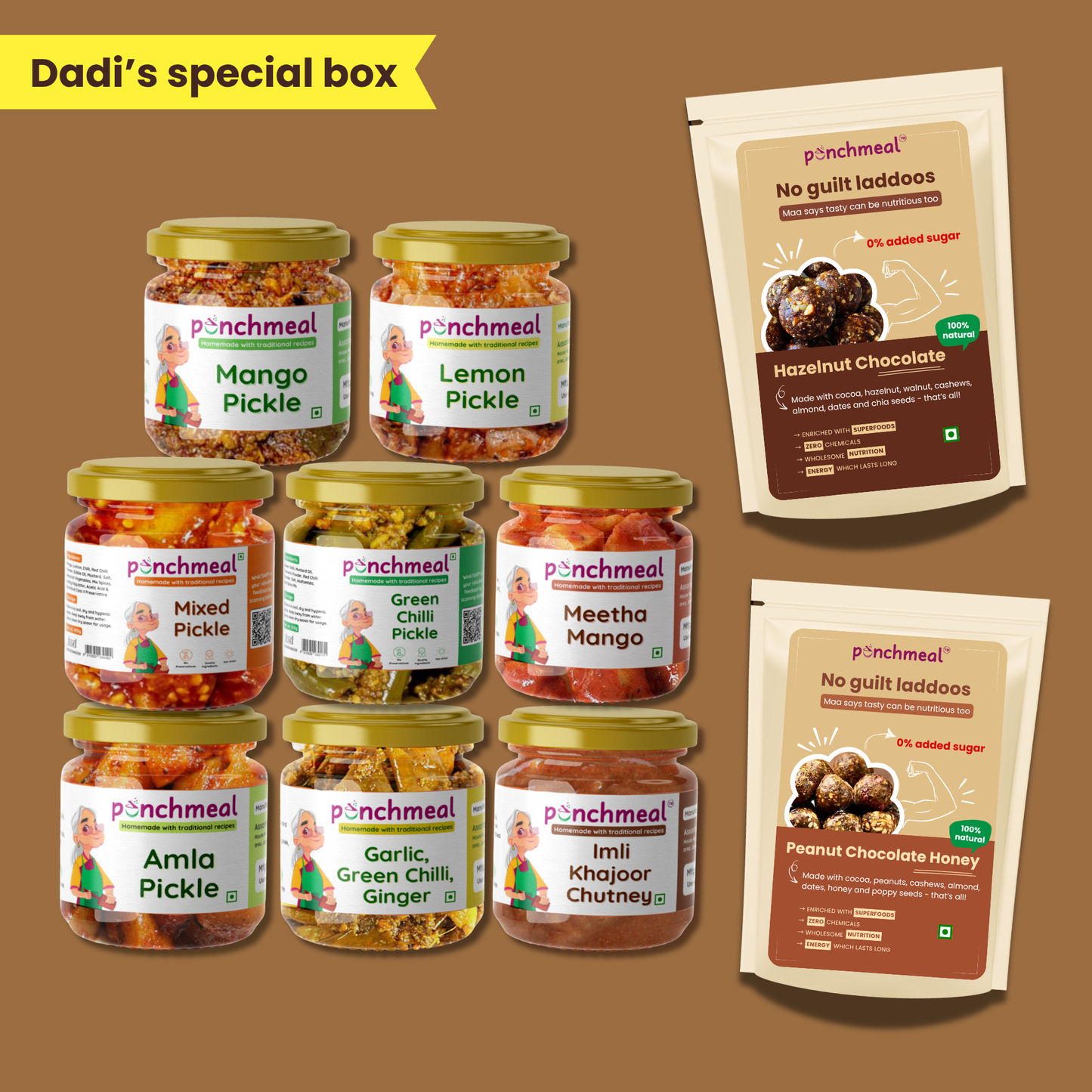 Dadi's Special Combo | 8 Pickles + FREE DryFruit Date Laddoos | 100% Natural | No Sugar