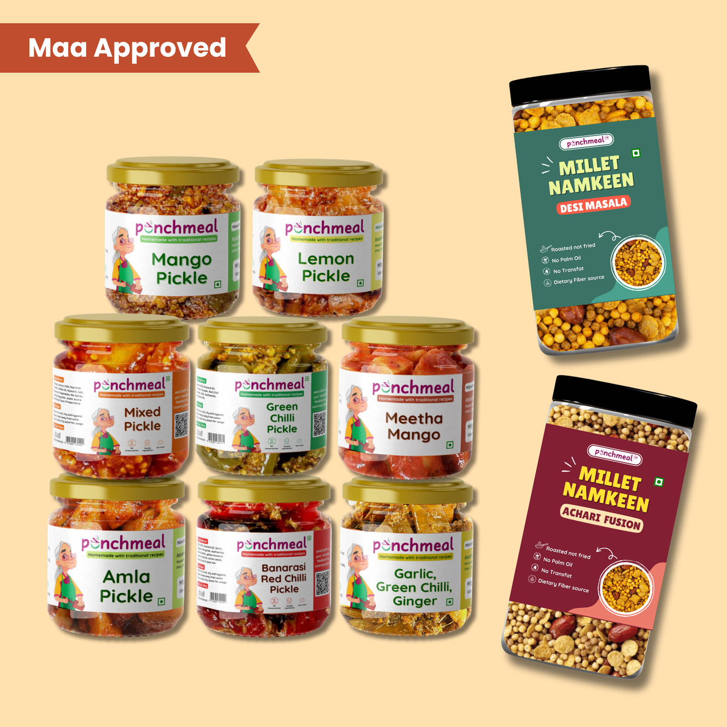 Maa Special Combo | 8 Pickles + FREE Roasted Millet Namkeen | No Palm Oil | 100% Natural
