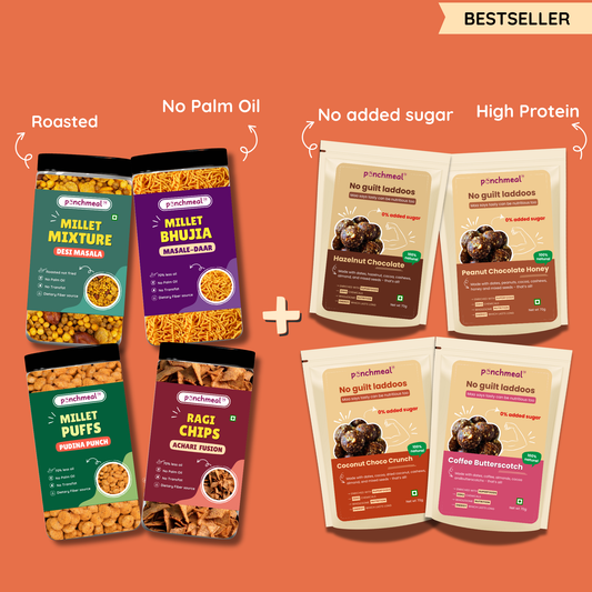 Ultimate Healthy Snack Box (4 Dryfruit Laddoos + 4 Millet Namkeen) - No Added Sugar & No Palm oil