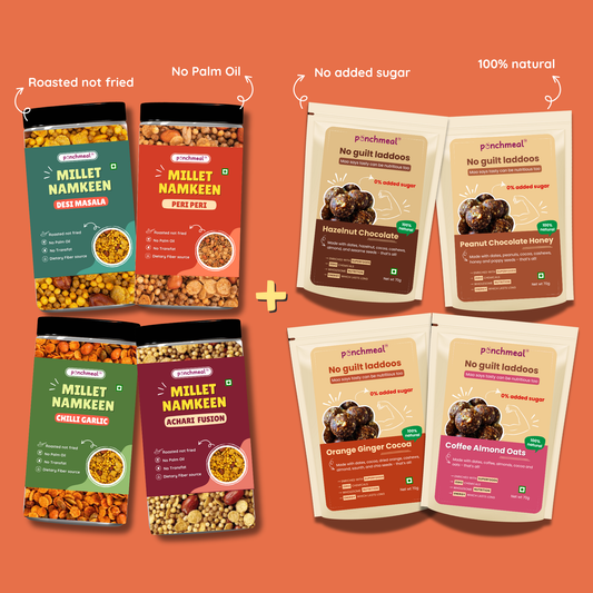 The Ultimate Snack Box (4 Date Laddoos + 4 Millet Namkeen) - No Added Sugar & 100% Roasted